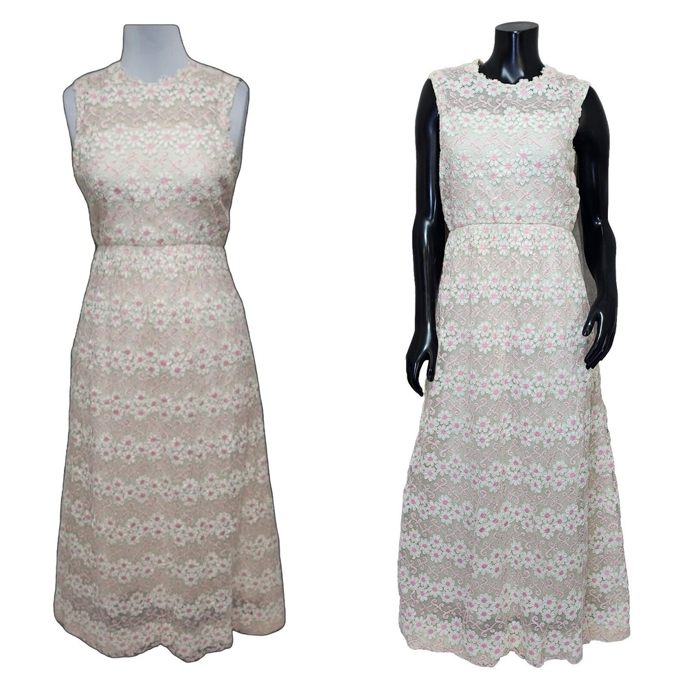 Vintage 60s Floral‎ Daisy Lace Maxi Dress Pink White Sleeveless Round Neck ALine